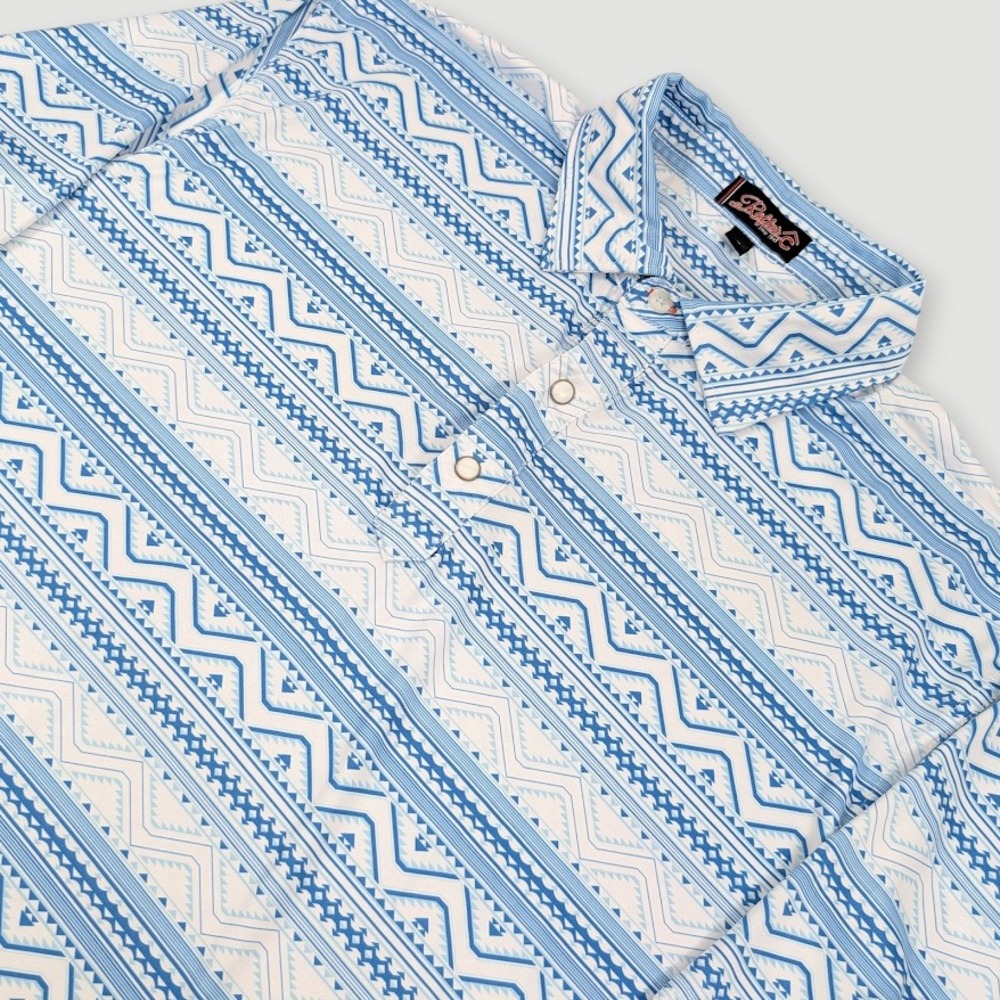 Rafter C Pearl Snap Polo Shirt Mens Large Blue Aztec Western Performance Stretch